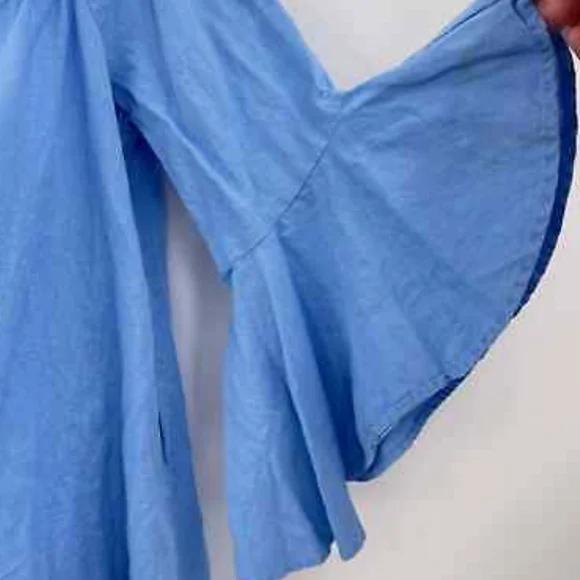 Zara Dress Linen Cotton Blend Blue Off the Shoulder Bell Sleeve Coastal Size M - Picture 2 of 6
